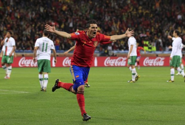 Spain's Villa celebrates after scoring against Portugal during the 2010 World Cup second round soccer match at Green Point stadium in Cape Town