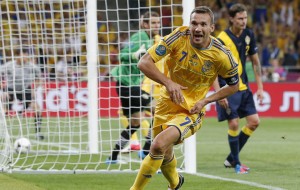 Ukraine's Shevchenko celebrates his second goal during game against Sweden at their Group D Euro 2012 soccer match at Olympic Stadium in Kiev