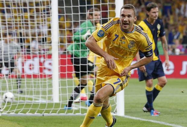 Ukraine's Shevchenko celebrates his second goal during game against Sweden at their Group D Euro 2012 soccer match at Olympic Stadium in Kiev